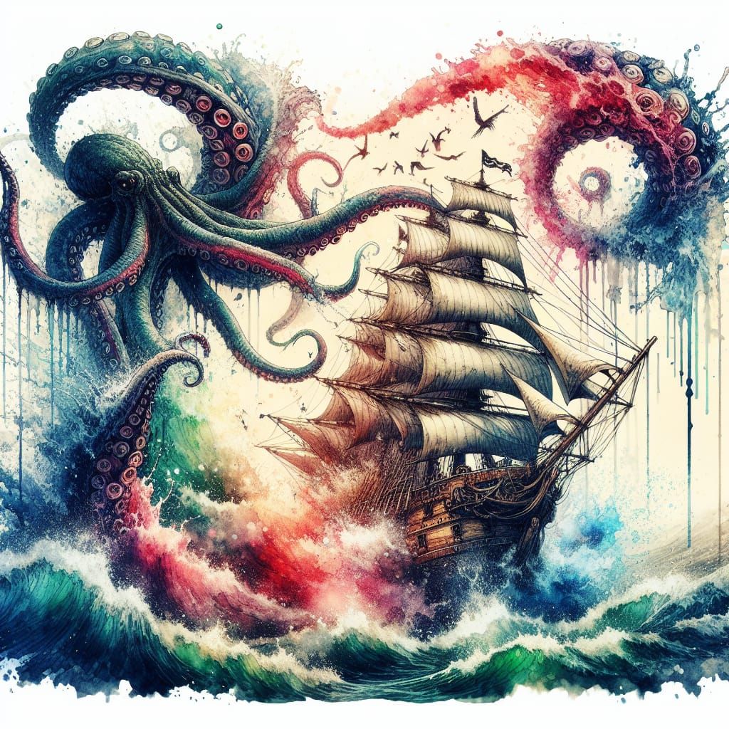 Kraken Attack: Pirate Ship Sinking, Watercolor Painting