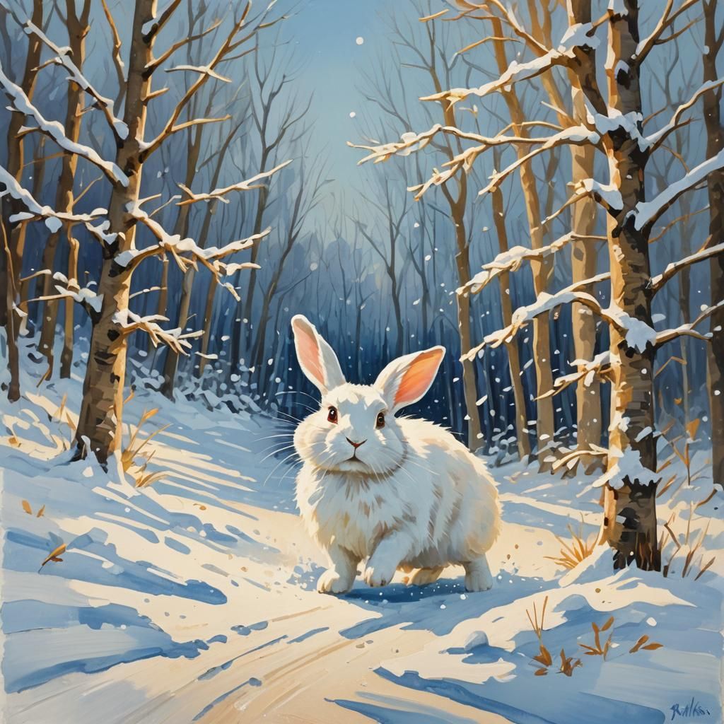 Snowy Rabbit: Gouache Impressionist Painting
