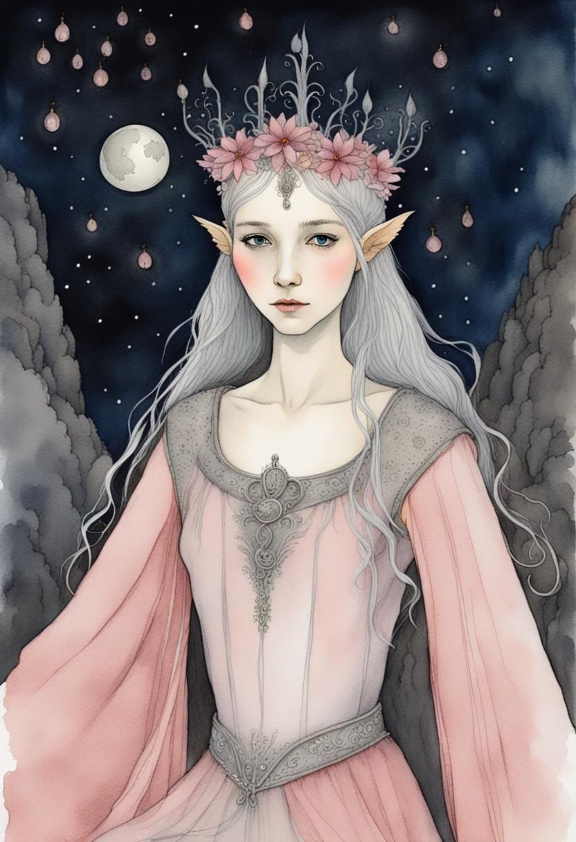 Elegant Elf Queen Portrait in Watercolor Style