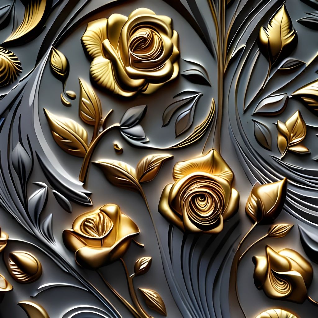 Bas-Relief Art Gold and Dark Grey Roses