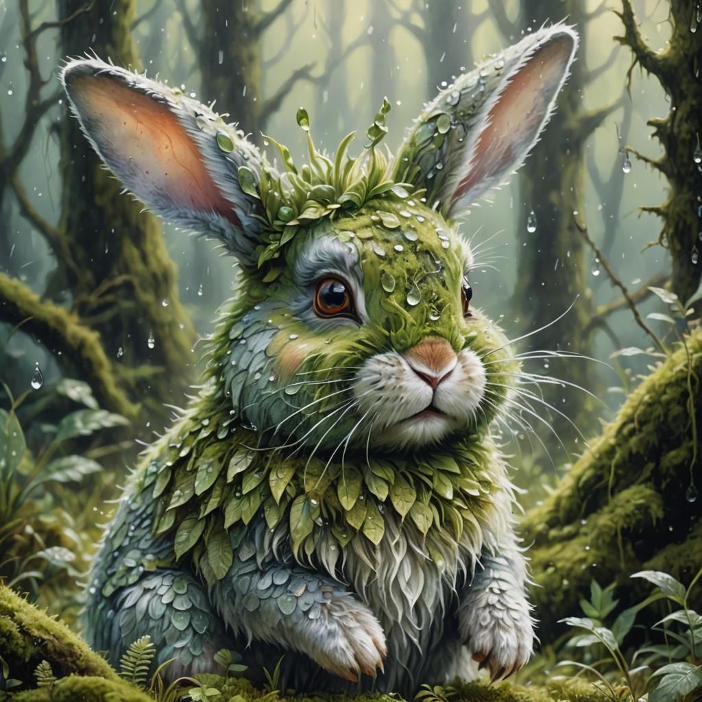 Moss Creature in Misty Forest as Impasto Painting