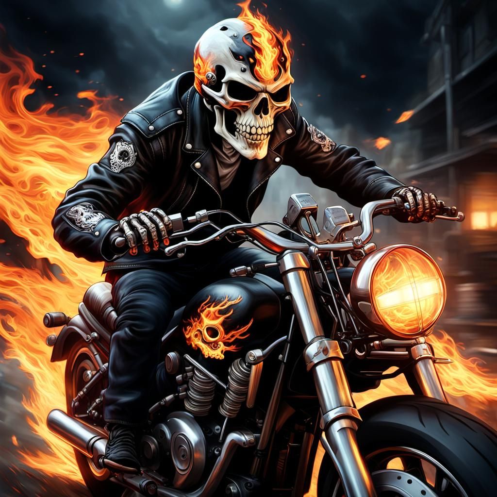 Flaming Skeleton Rider on Motorcycle