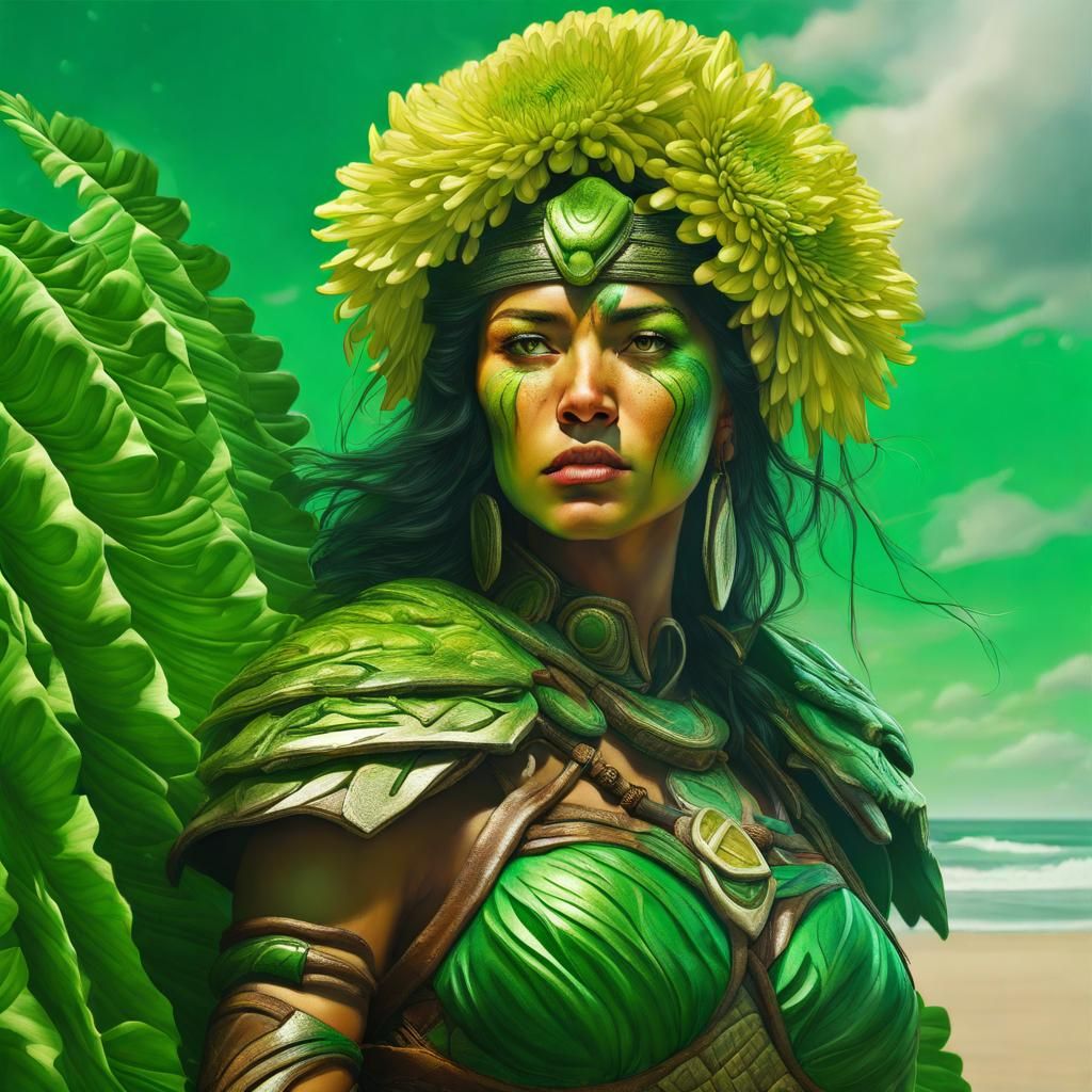 Amazonian Warrior Woman on Beach with Chrysanthemum