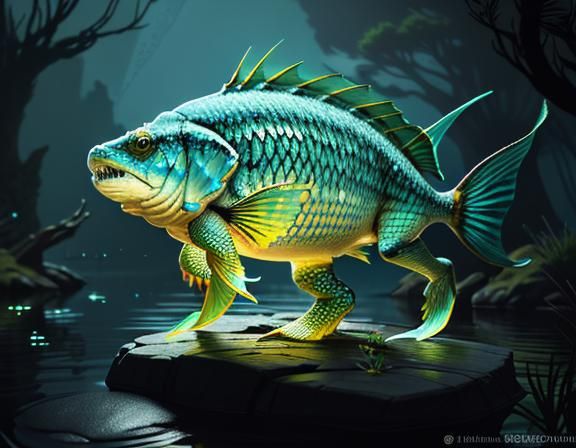 Female Amphibioid on Lakeside Rock, 3D Cinematic Art