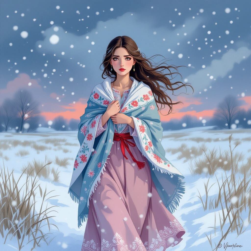 Ukrainian Woman in Snowy Field, Watercolor Illustration