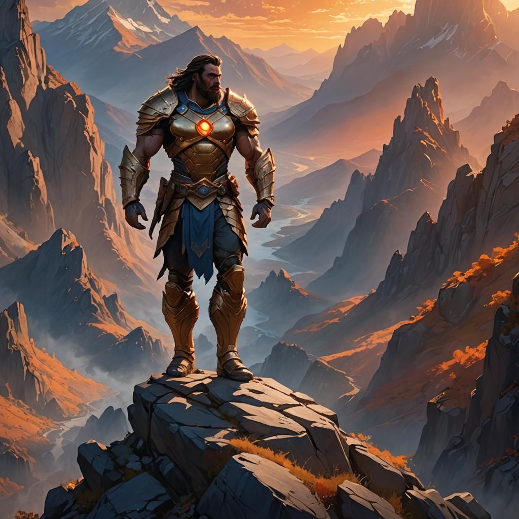 Majestic Figure on Mountain Peak at Sunset