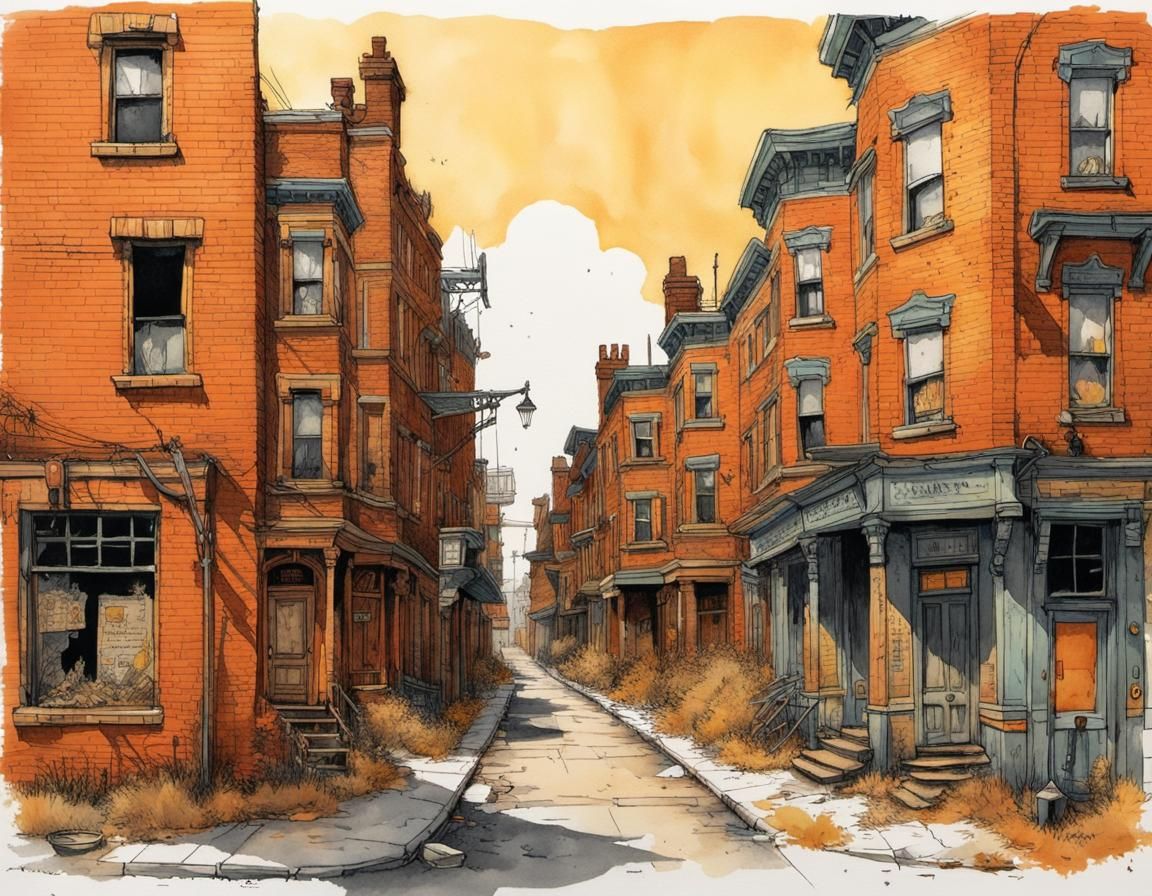 Far West Village Street: Ink and Watercolour Illustration