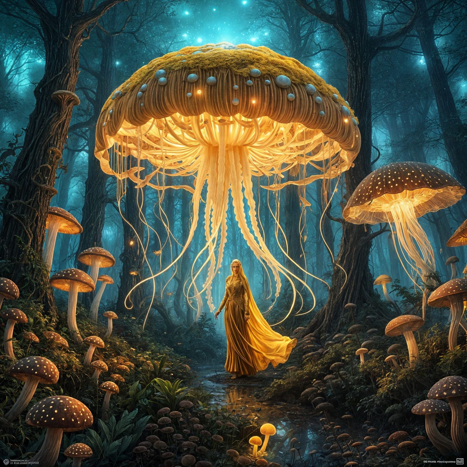 Agartha's Empress in a Bioluminescent Mushroom Forest
