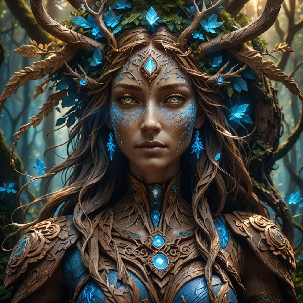 Intricately Carved Wooden Woman in Mystical Forest