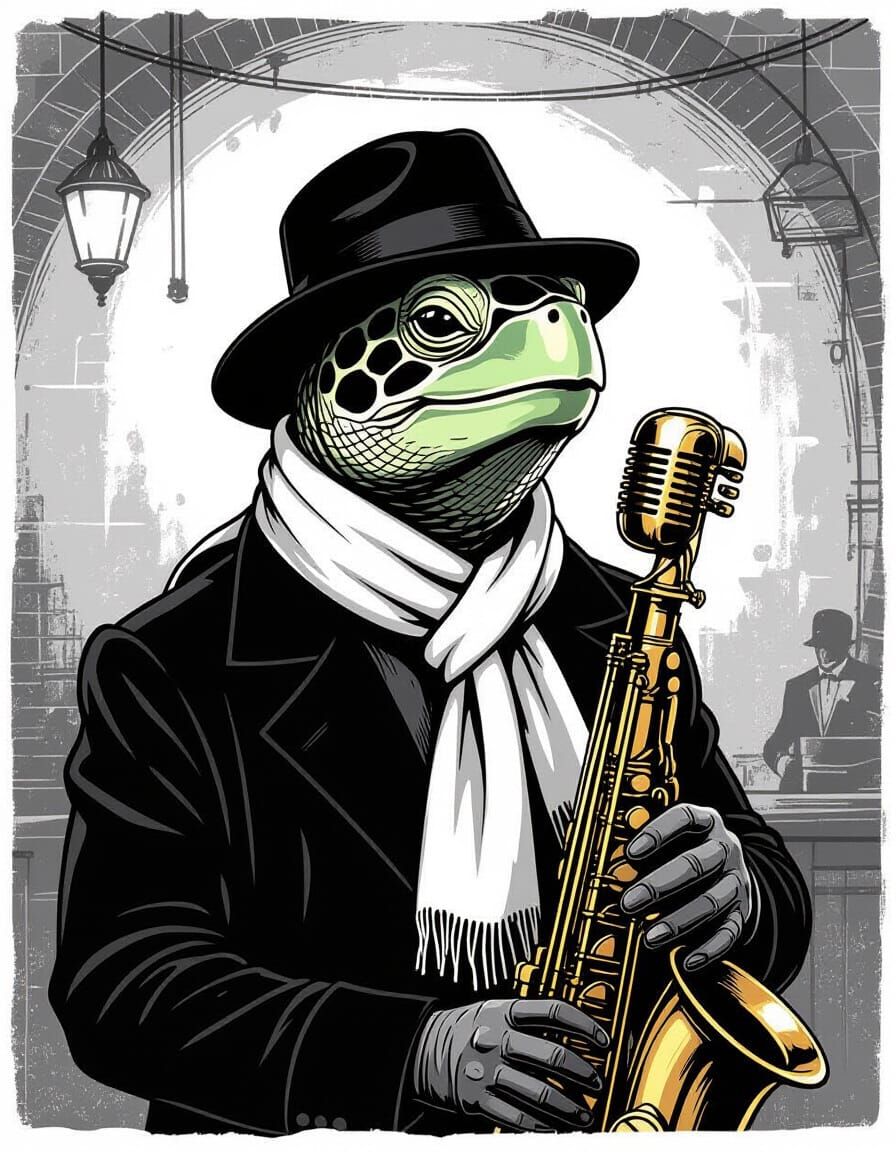 Monochrome Turtle Jazz Singer in Silhouette Art