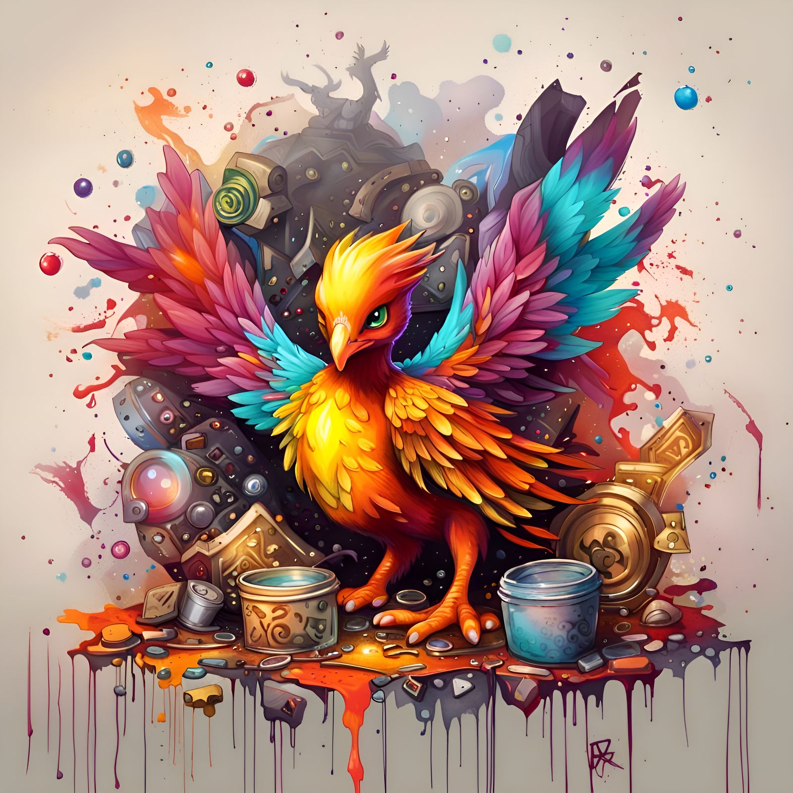 Phoenix Chick Amidst Treasure in Graffiti Style