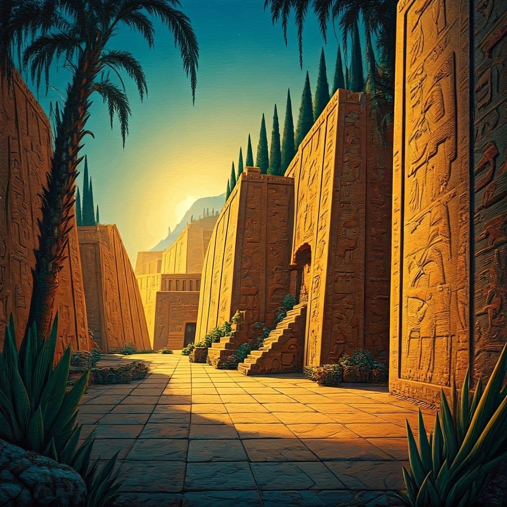 Mystical Mesopotamian Cityscape in Abstract Style