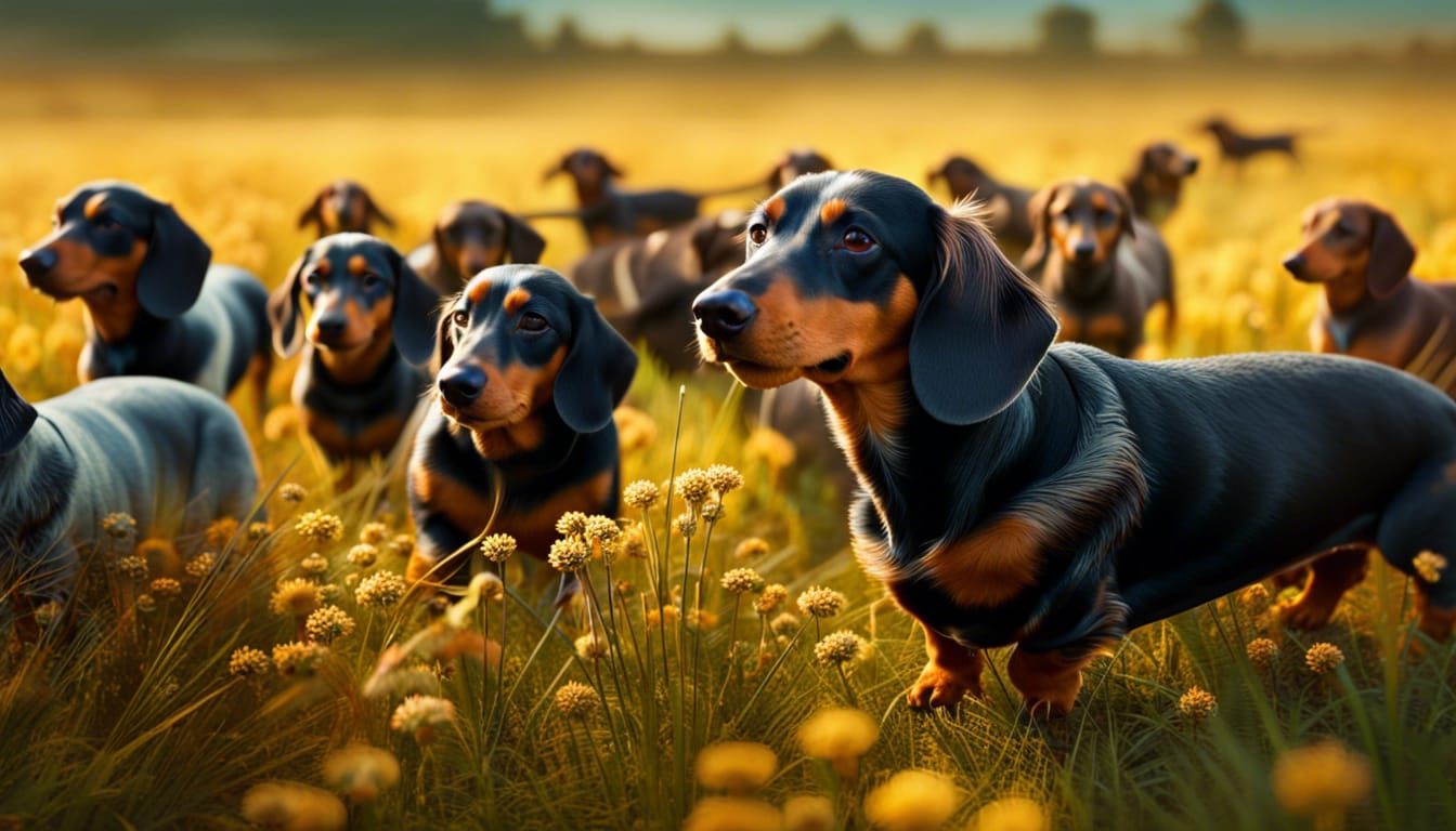 Dachshund Pack in a Sunny Field: Digital Masterpiece