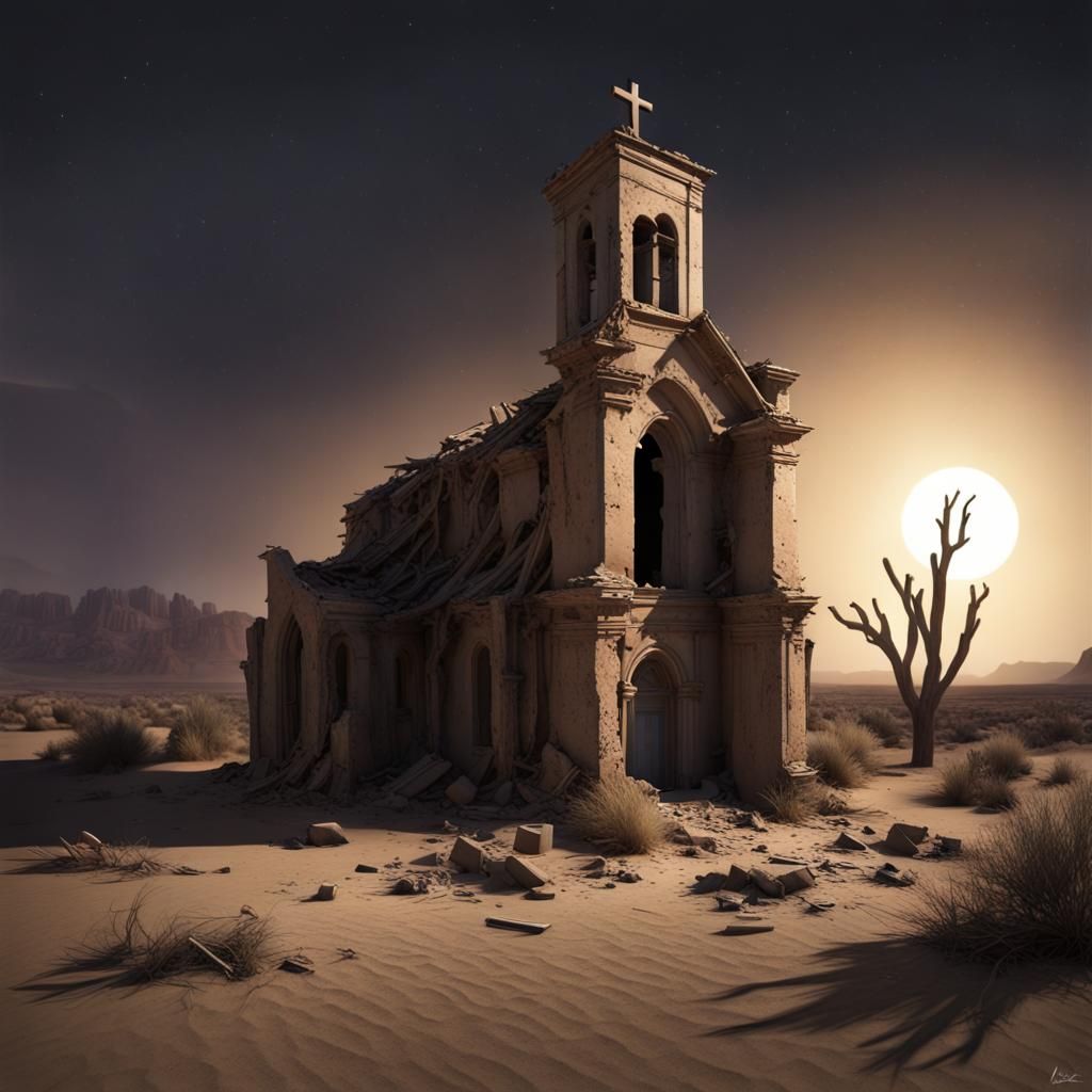 Deserted Church and Graveyard at Night