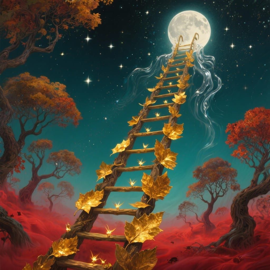 Surreal Autumn Ladder Ascends Starry Night Sky