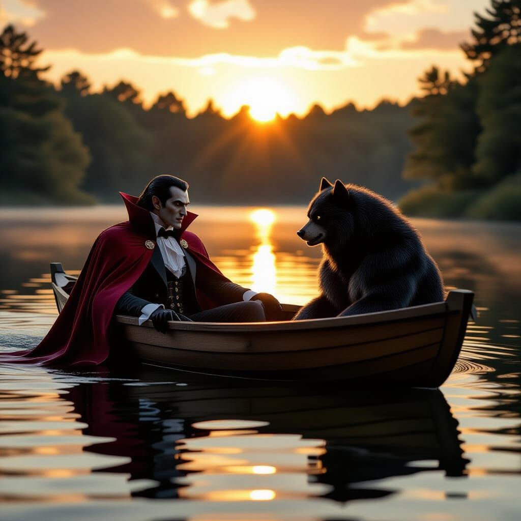 Dracula and Werewolf Fishing at Dawn Cinematic Shot