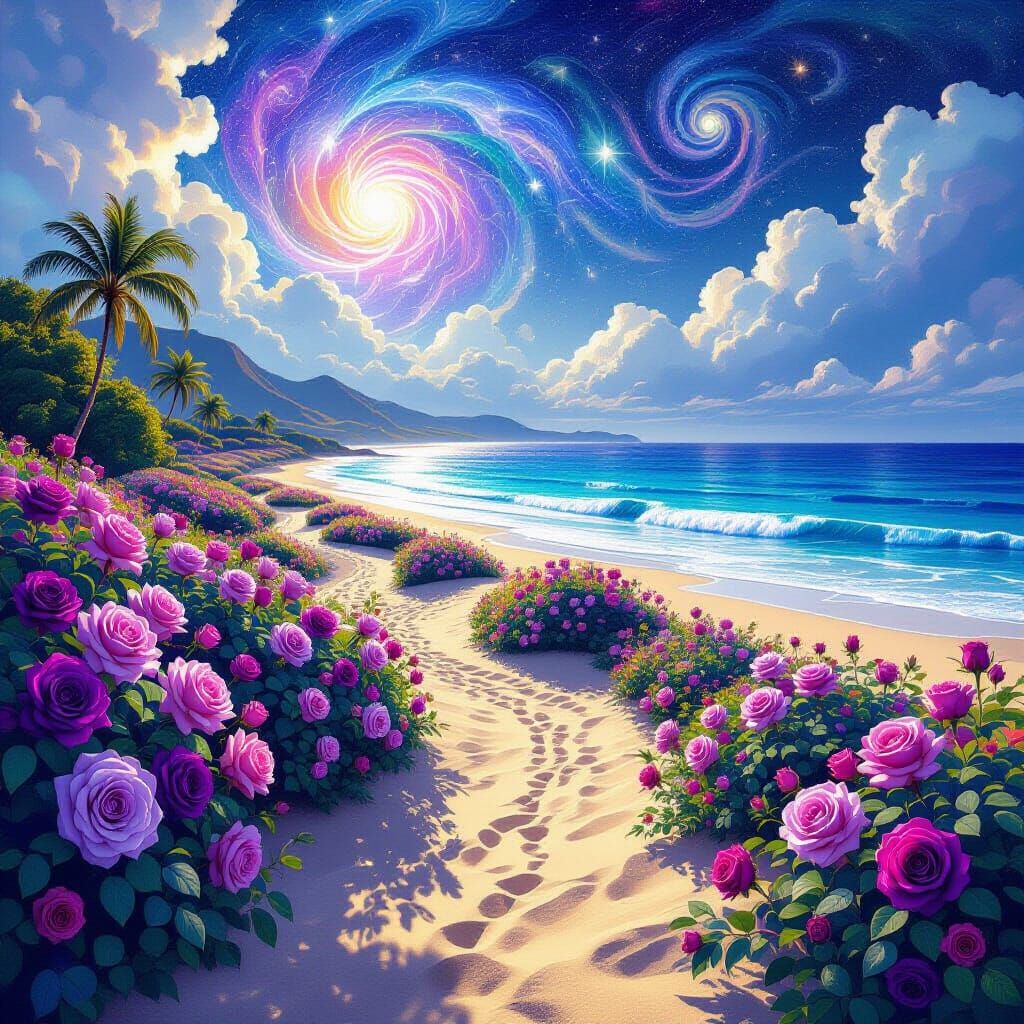 Cosmic Beach with Purple Roses: Astral Illustration