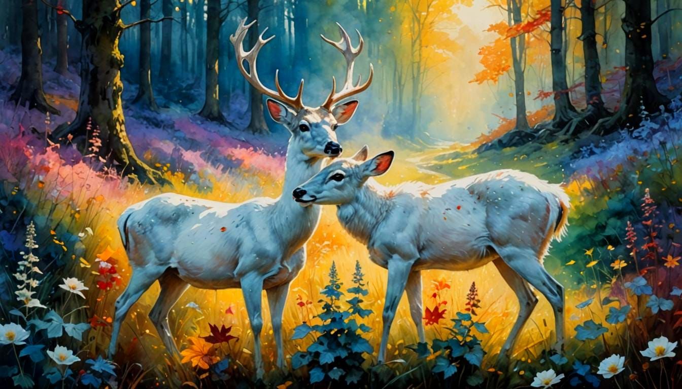 White Deer in Magical Autumn Meadow, Watercolor and Ink