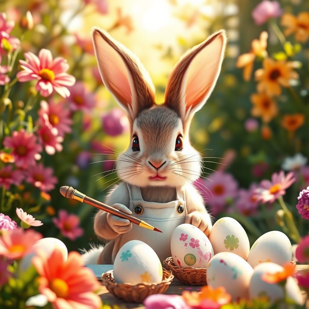 Whimsical Easter Bunny Painter in Sunny Garden