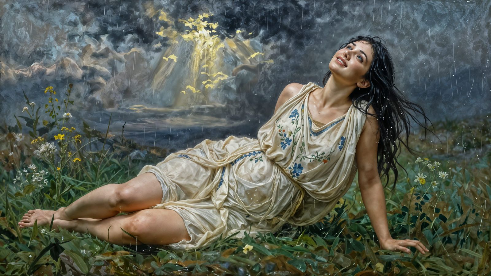 Woman Drenched in Rain in Classical Oil Painting Style
