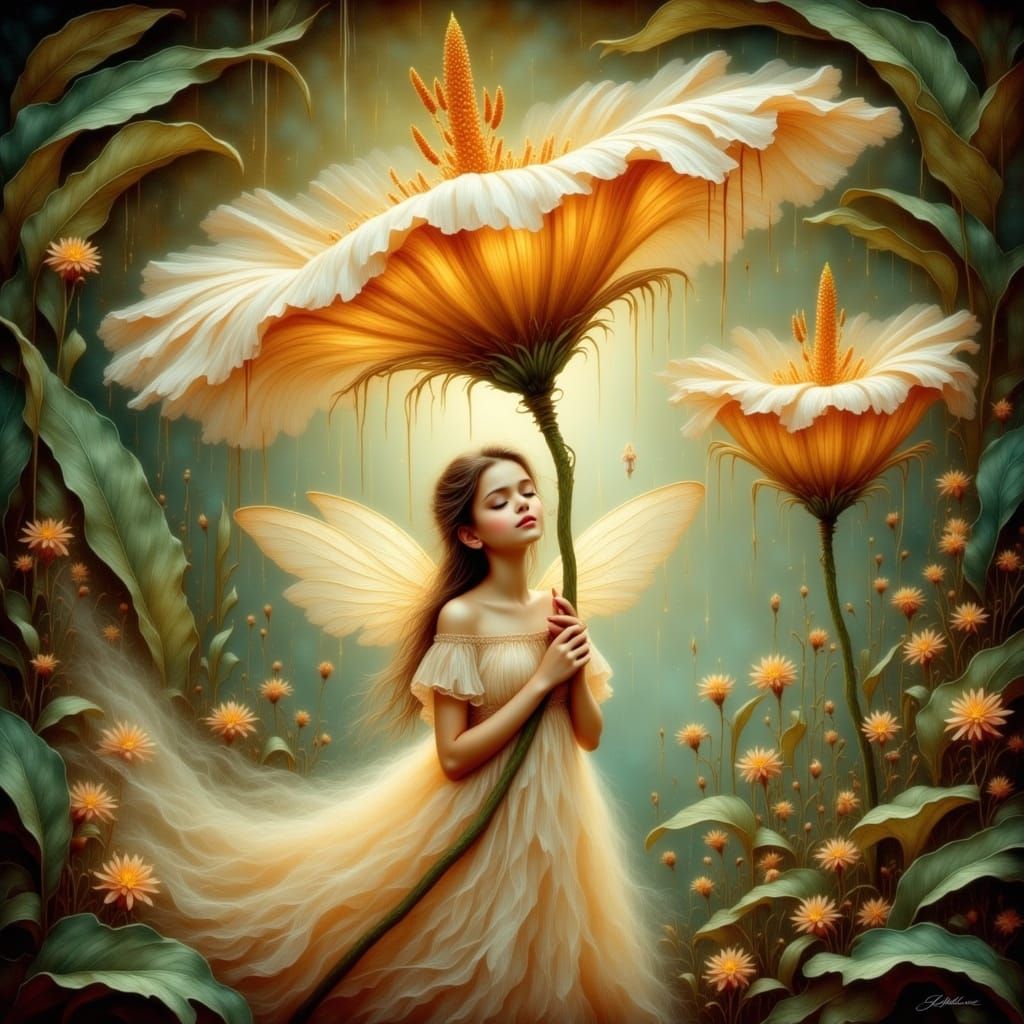 Whimsical Fairy Under Floral Umbrella in Serene Rainy Scene