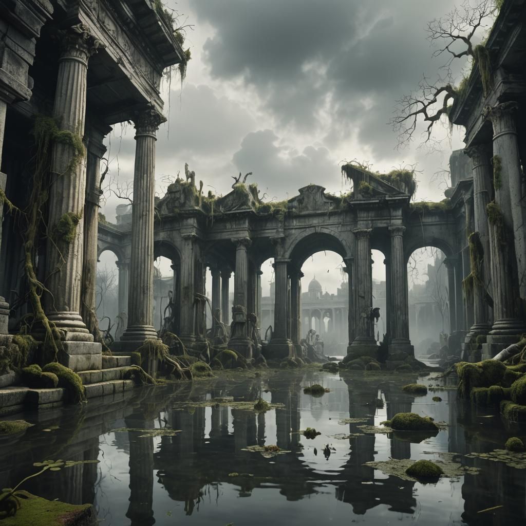 Eerie Sunken City Ruins in Atmospheric Digital Art