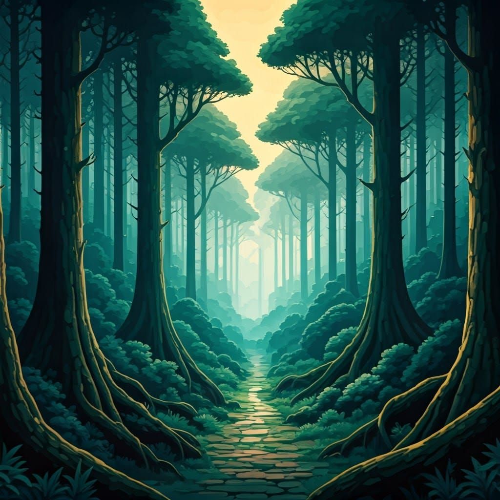 Mystical Forest: Dreamlike Gouache in Emerald and Blue
