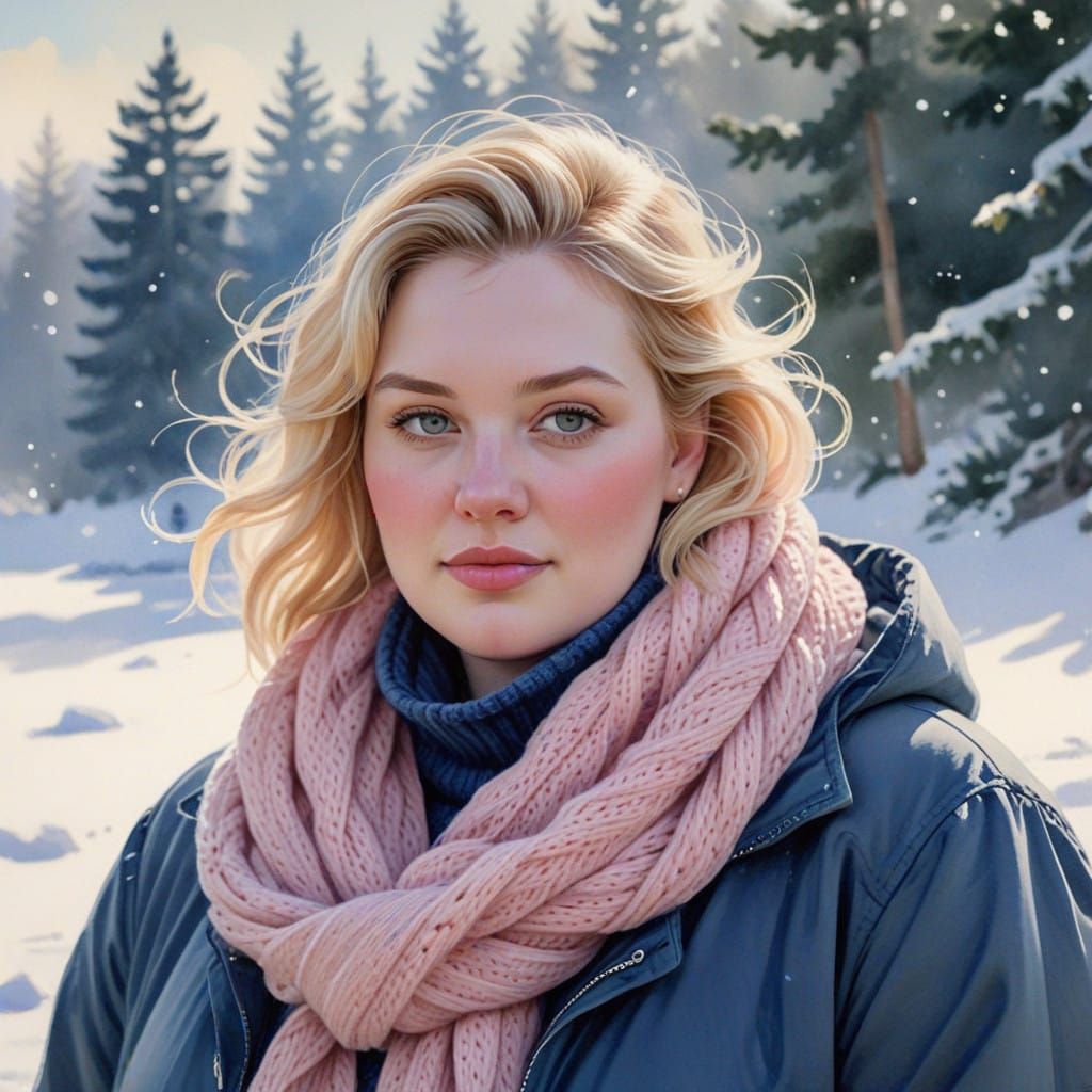 Soft Watercolour Portrait of a Blonde Woman in Winter Landsc...
