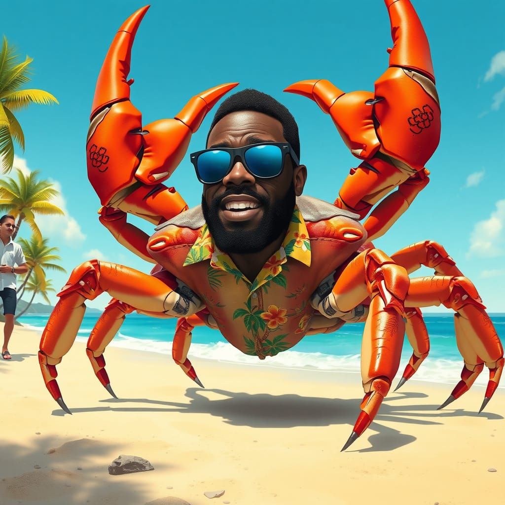 Crab-Human Hybrid in Vibrant Beach Scene