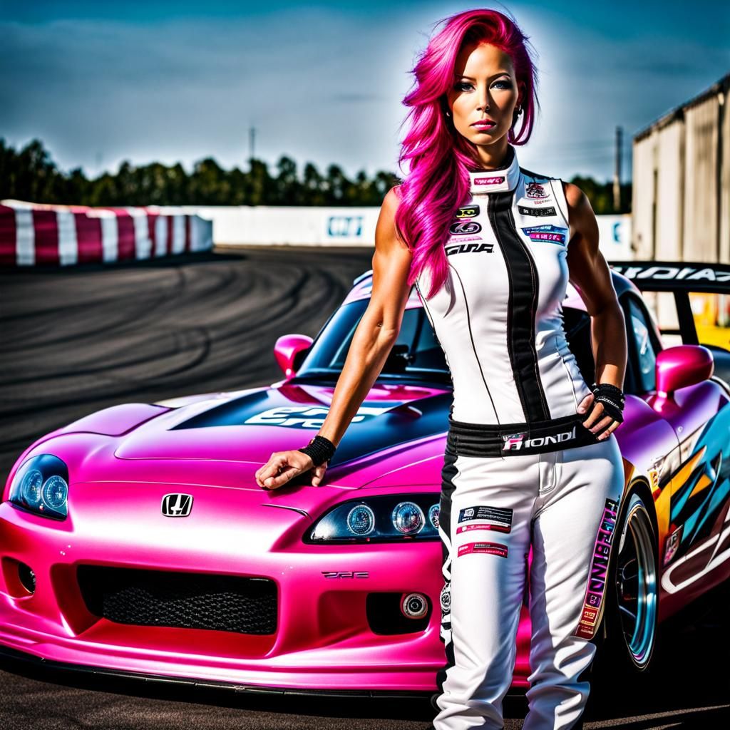 Tan Race Car Driver Beside Honda S2000 in Street Art