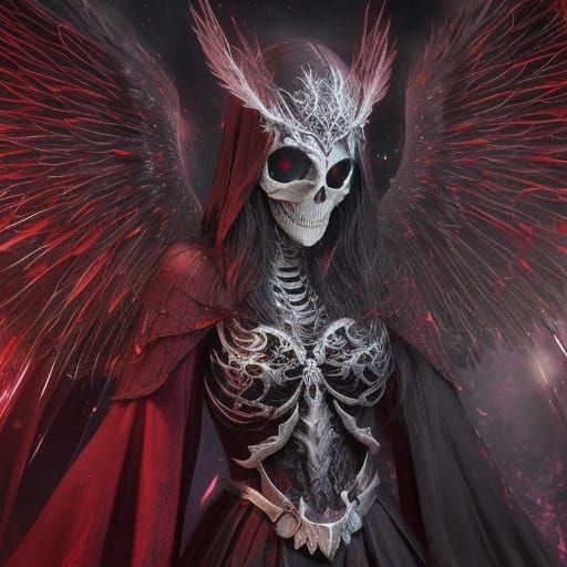Winged Skeleton Angel with Red Eyes and Fire
