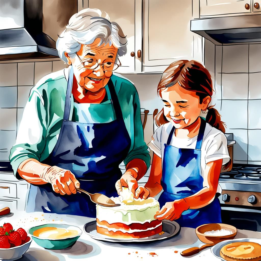 Watercolor Kitchen Scene: Grandmother Baking With Granddaugh...