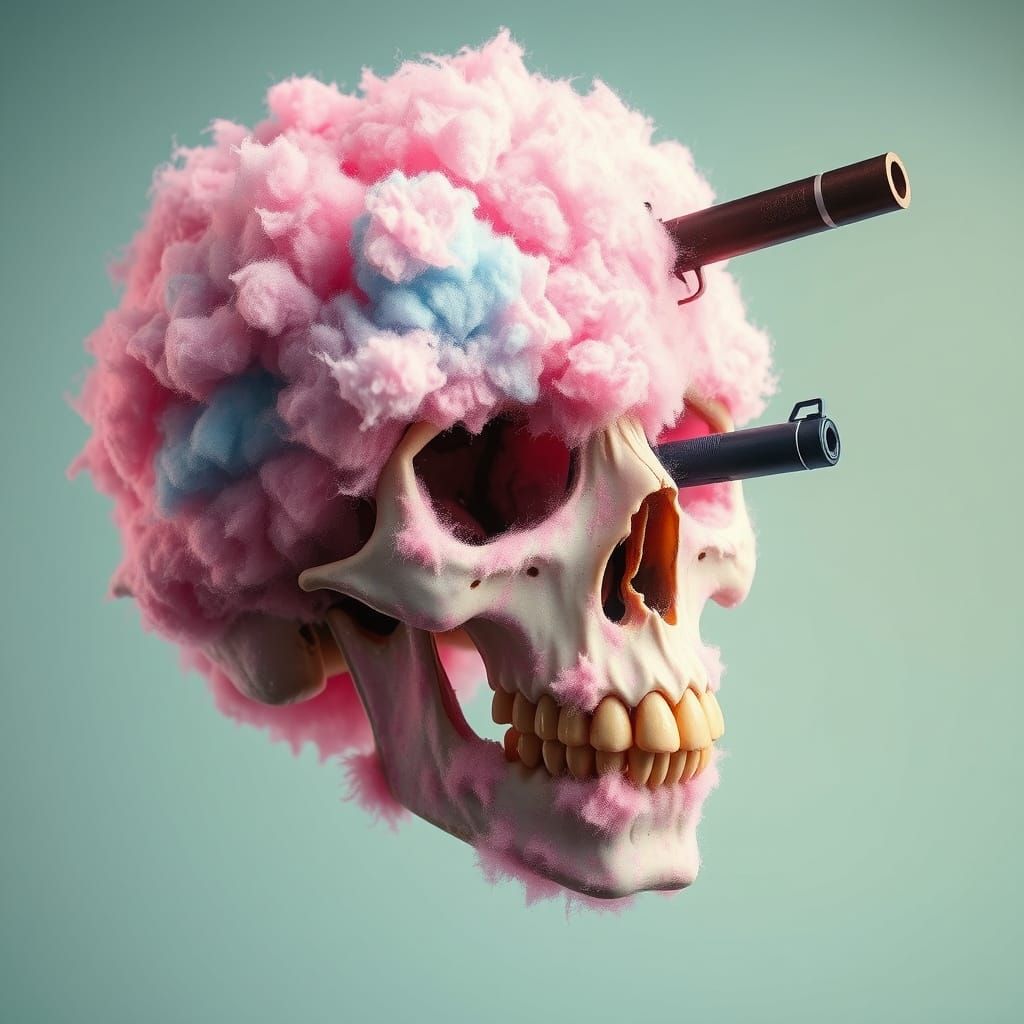 Cotton Candy Skull with Gun, Dark Whimsical Style