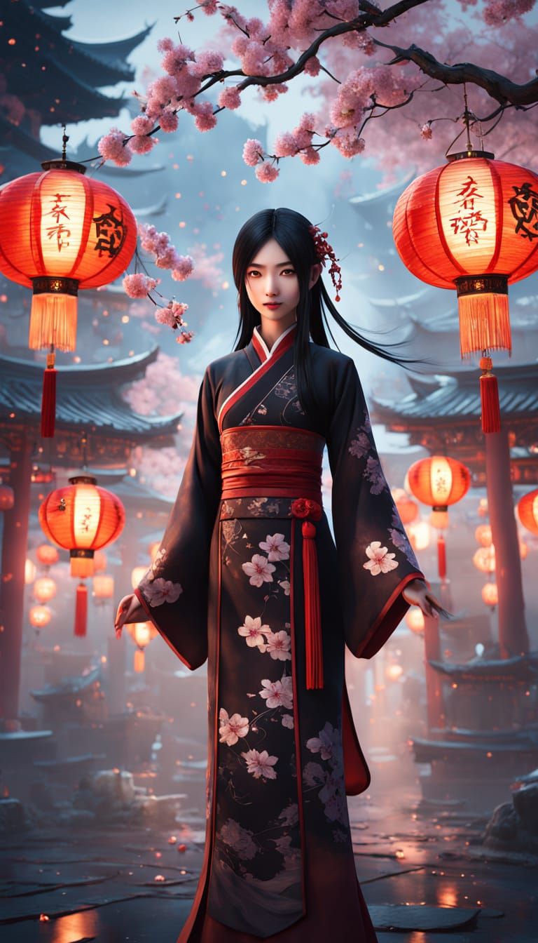 Anime-Inspired 3D Art of a Chinese Woman in a Misty Spirit W...