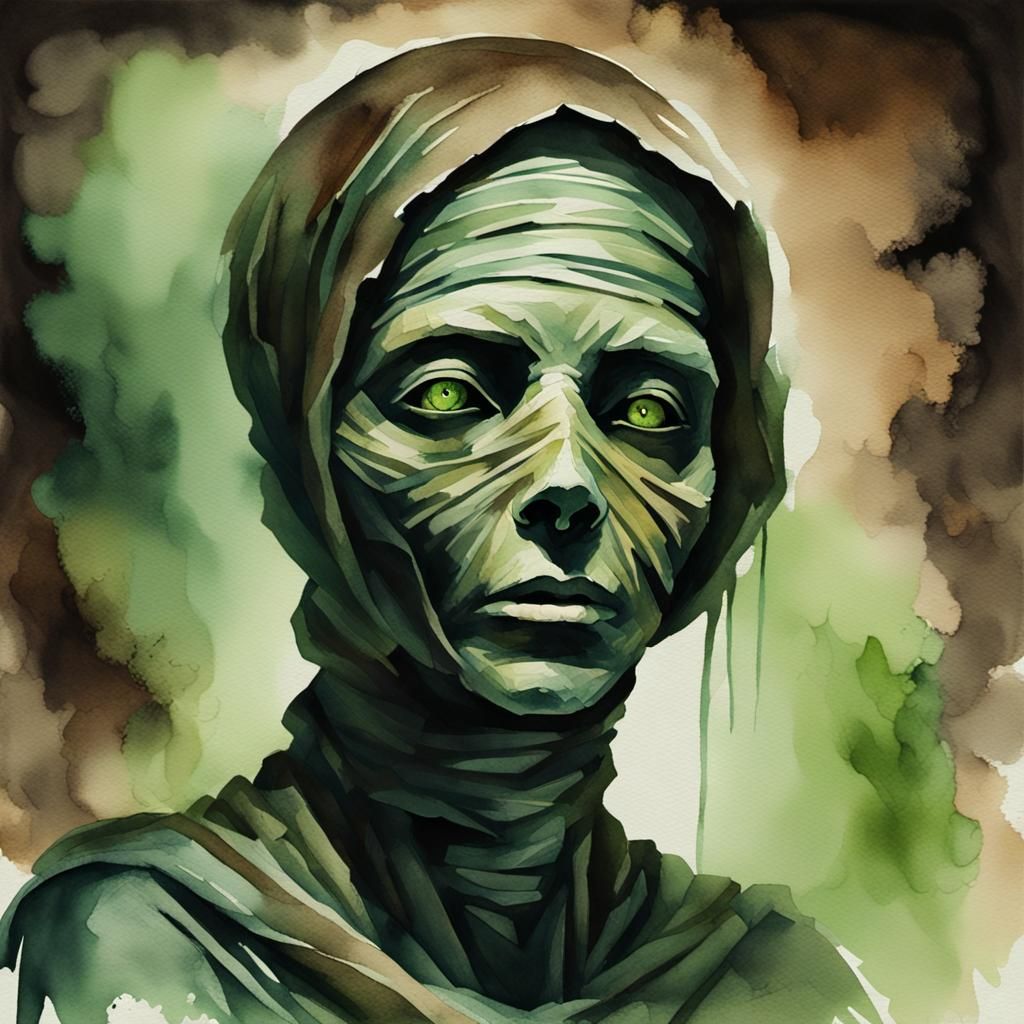 Haunting Mummy Silhouette in Watercolor Painting