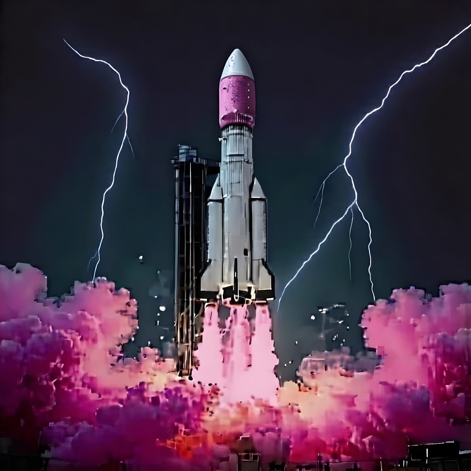Hyper Realistic Rocket Launch with Pink and Teal Smoke