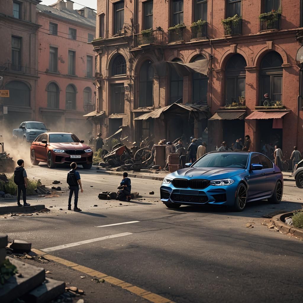 Children Watching BMW M5 F90: Detailed Matte Painting