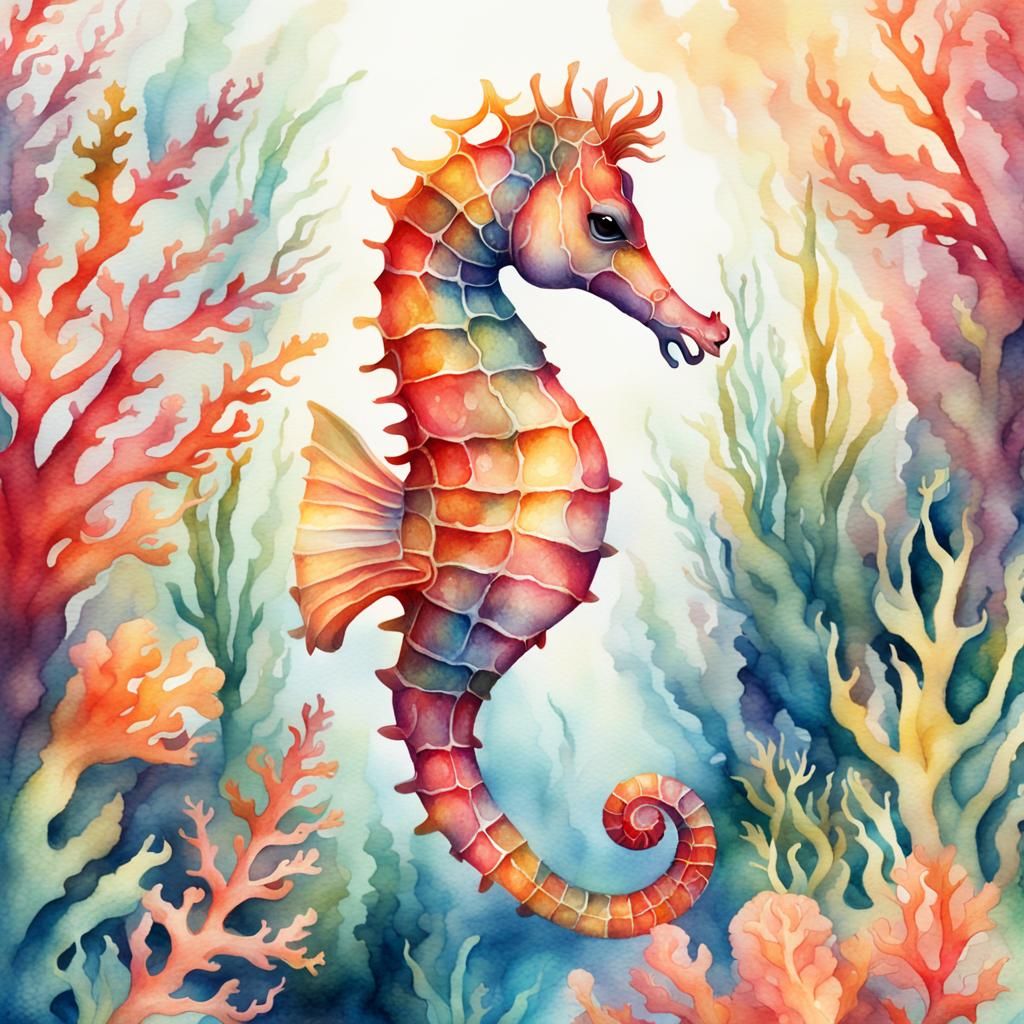 Seahorse in Coral Garden: Watercolor Storybook Illustration