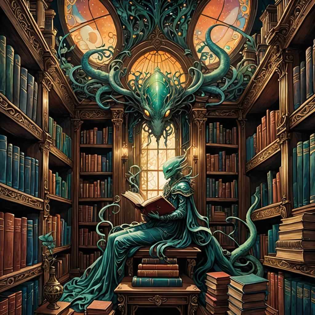 Psychedelic Alien Library in Art Nouveau Rococo Style