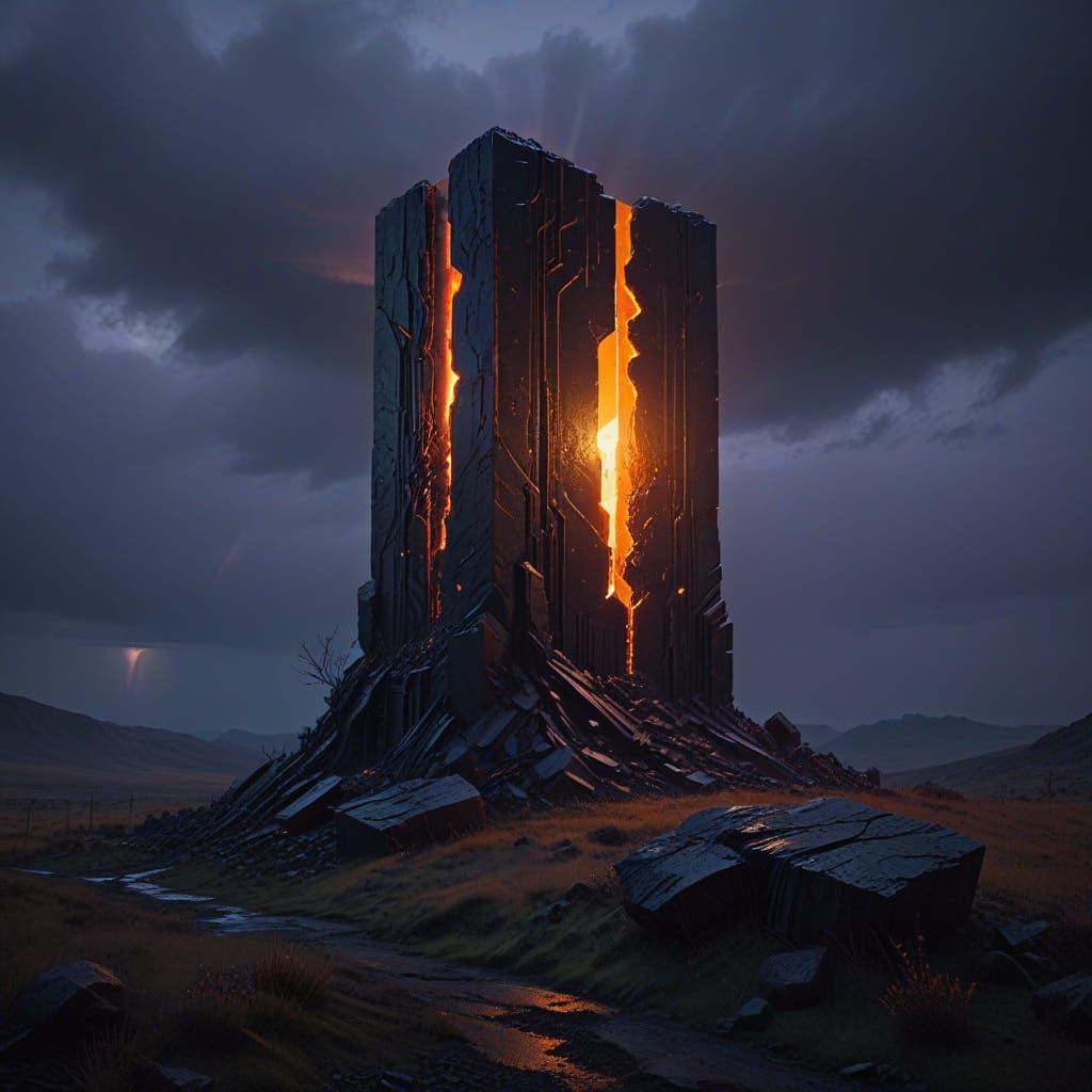 Mysterious, Towering Monolith in a Desolate, Metallic Wastel...