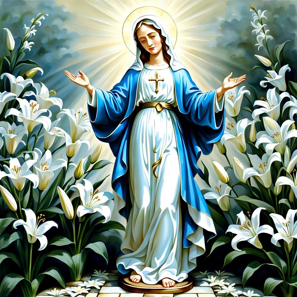 Virgin Mary with Lilies, Peaceful Expression