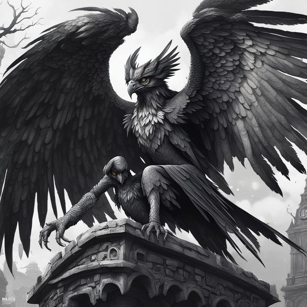 Harpy in Black and White Ink Drawing