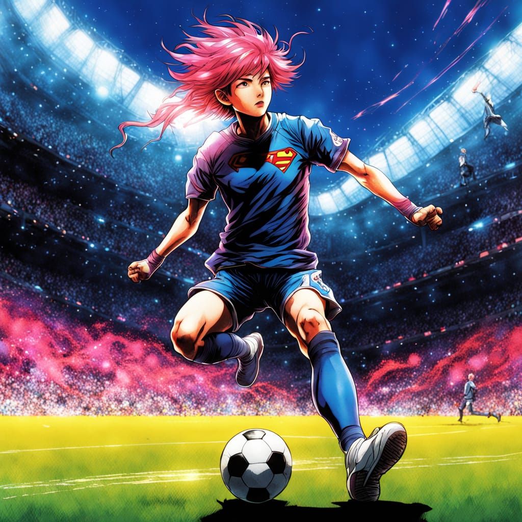 Cyborg Soccer Player with Superman Logo in Manga Style