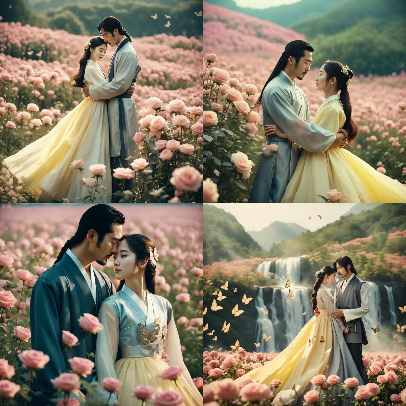 Romantic Korean Drama Scene with Hanbok and Roses