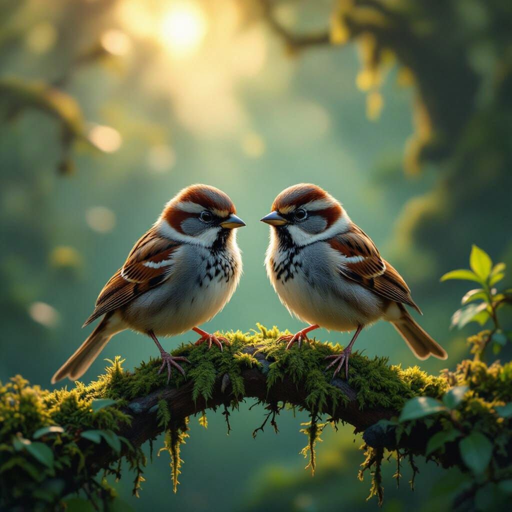 Two Sparrows on Mossy Branch in Verdant Forest