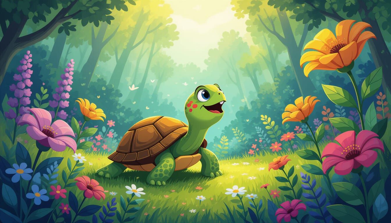 Whimsical Cartoon Turtle Serenade in Surreal Garden