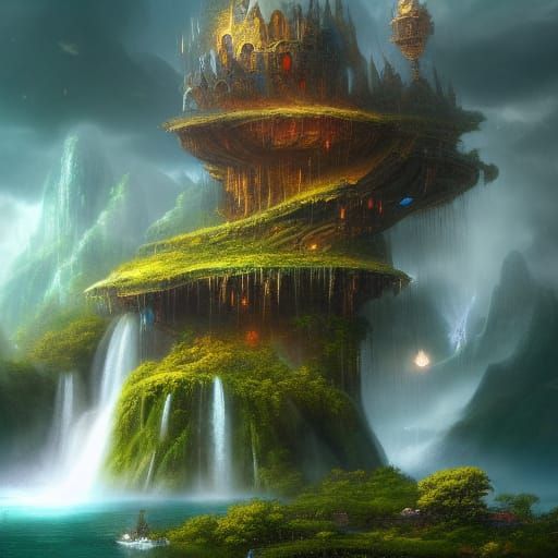 Fantasy Floating Library with Sky Islands and Waterfall