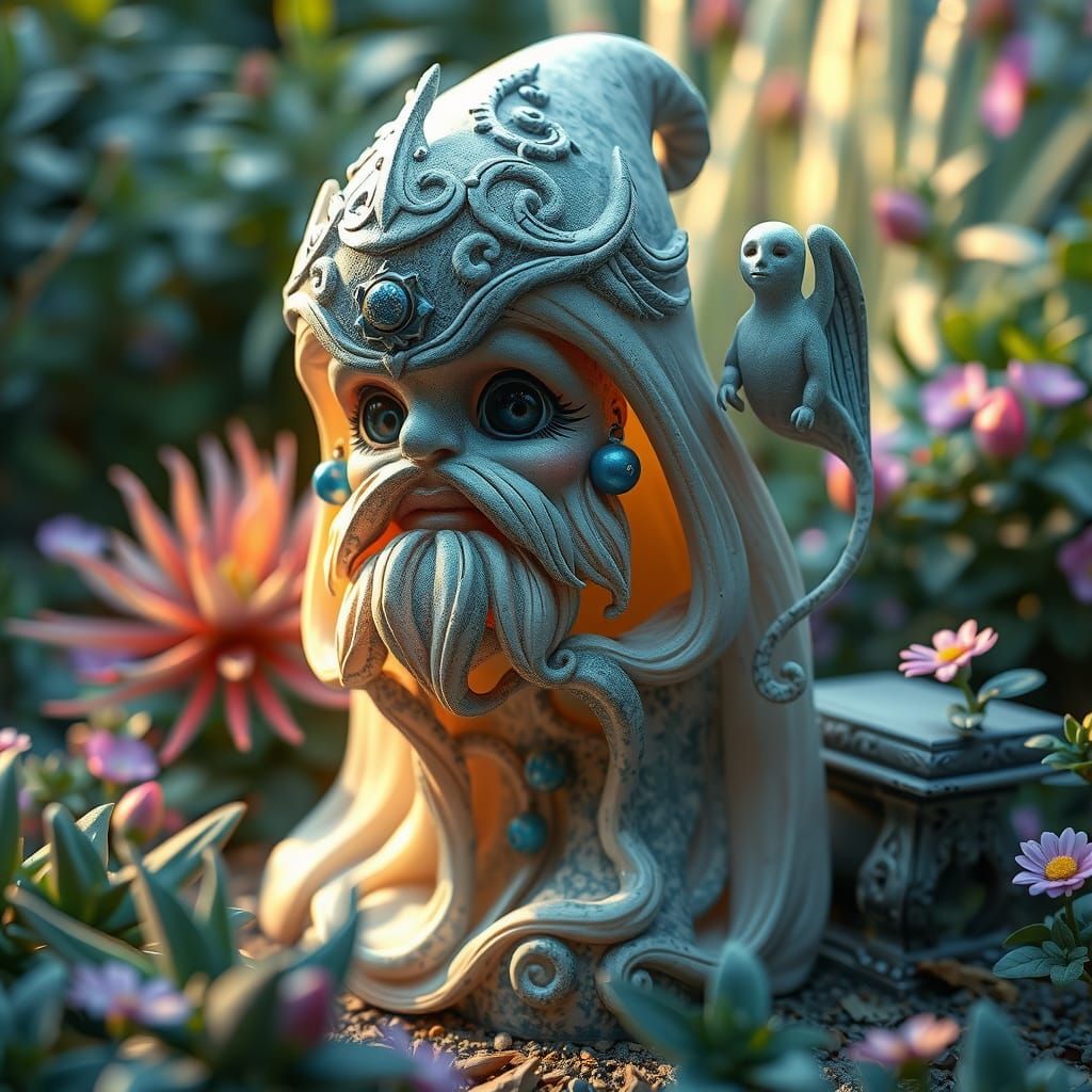 Ethereal Ghost Garden Gnome in Lush Garden