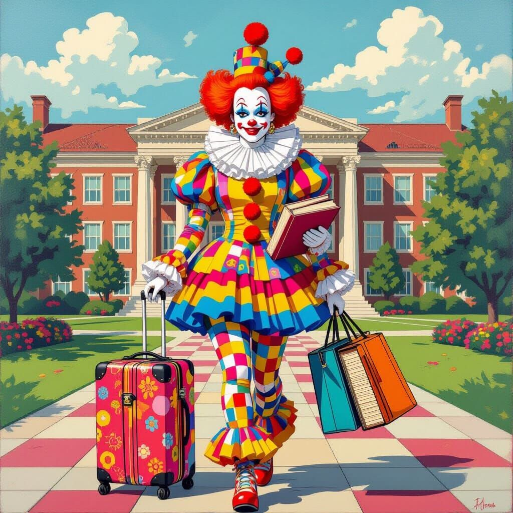 Clown Goes Back to College in Abstract Art Style