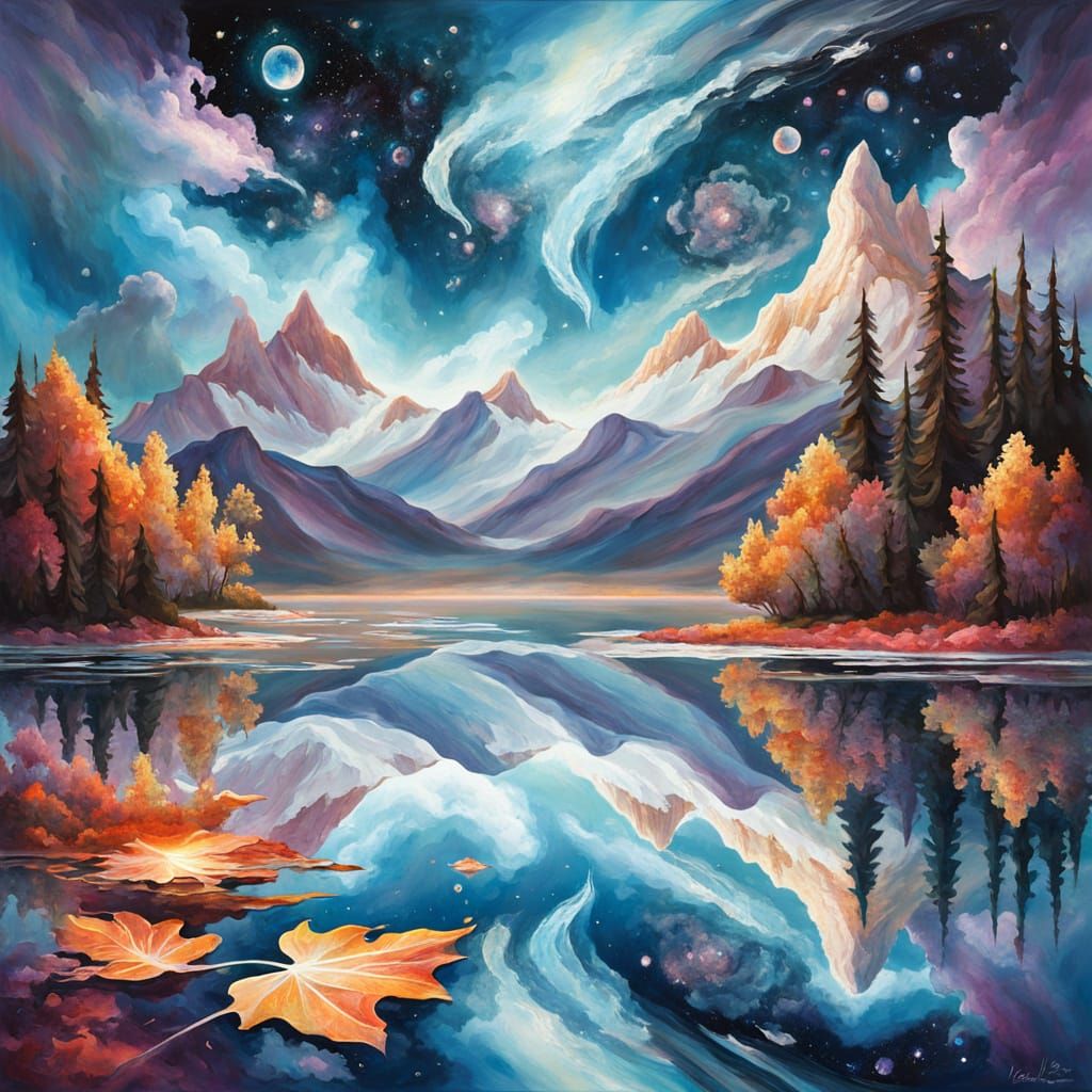Surreal Cosmic Landscape with Floating Crystalline Leaves